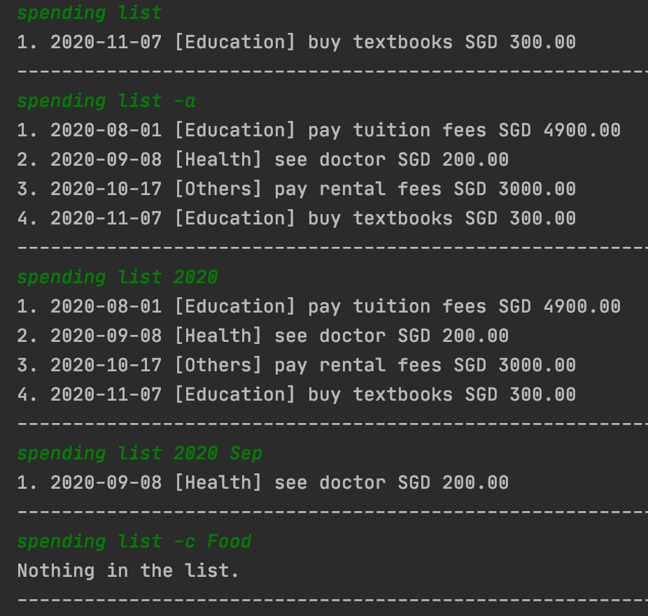 Example for viewing Spending list